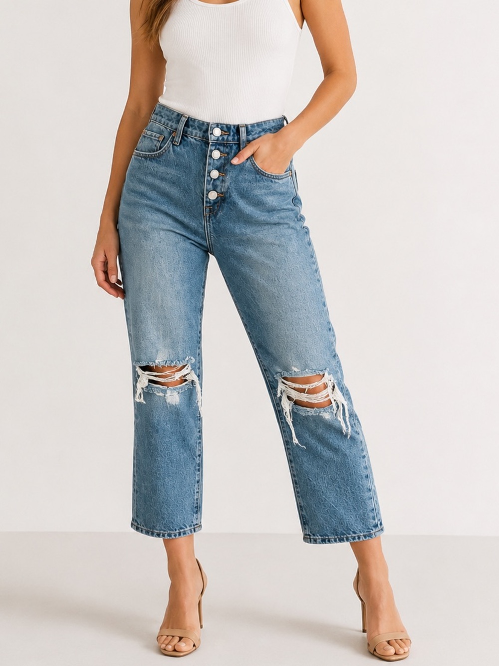 Blank NYC The Madison Crop Blue So Yesterday High Rise Button Fly Jeans